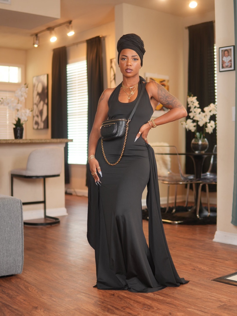 Elegant Black Sleeveless Maxi Dress with Drape Detail